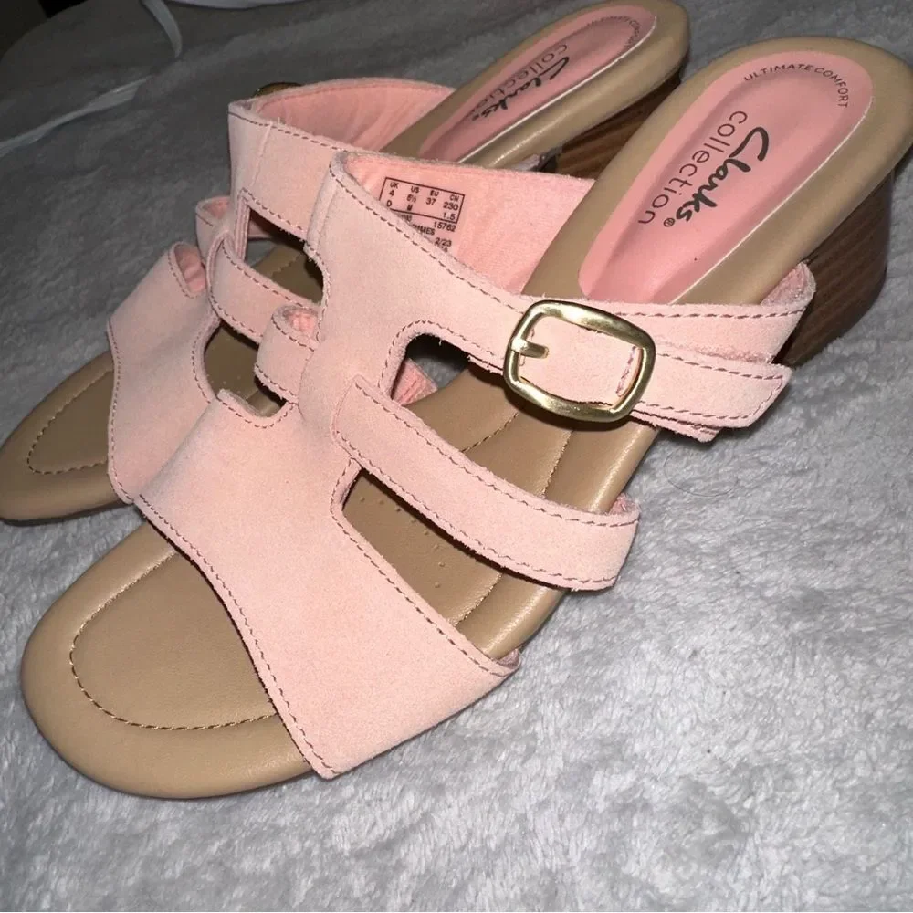Clarks Heeled Slide Sandals Desirae Palm in powder pink  Suede Size 6.5